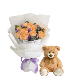 Flashing Peach Bouquet and Teddy Bear - Flowers & Toy - Flowers of Dubai