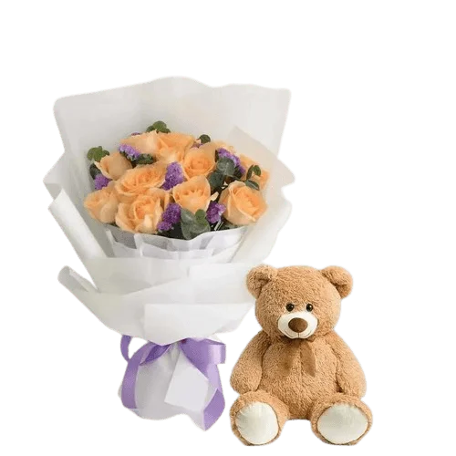 Flashing Peach Bouquet and Teddy Bear - Flowers & Toy - Flowers of Dubai