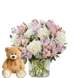 Pink N White Floral Love with Teddy Bear - Flowers & Toy - Flowers of Dubai