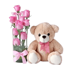 Pink Roses Steps and Soft Toy - Flowers & Toy - Flowers of Dubai