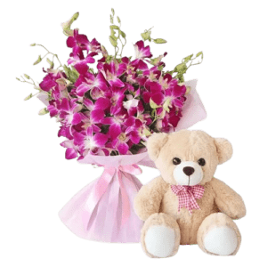 Purple Orchid Bouquet and Soft Toy - Flowers & Toy - Flowers of Dubai