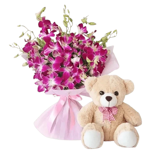 Purple Orchid Bouquet and Soft Toy - Flowers & Toy - Flowers of Dubai