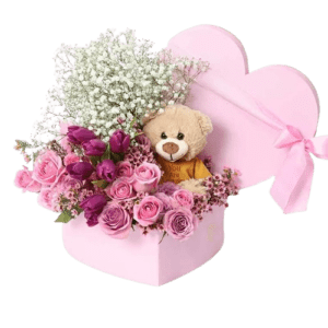Soft Heart Flower Box and Teddy - Flowers & Toy - Flowers of Dubai