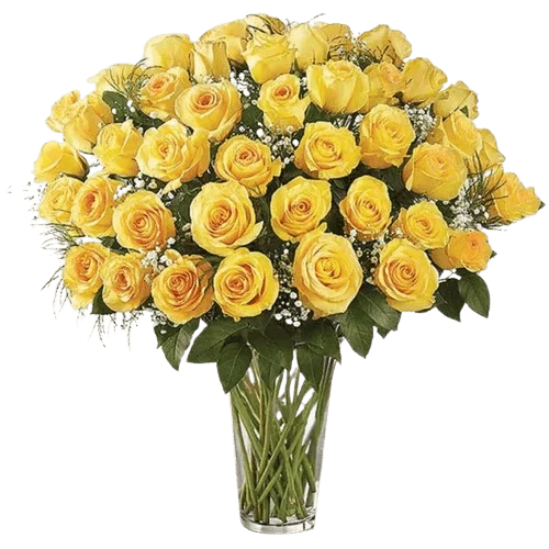 Elegant 50 Yellow Roses In Vase - Fresh Flowers Arrangements - Best Online Flower Delivery - Flowers of Dubai