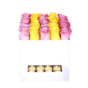 Yellow N Purple Roses in White Square Box