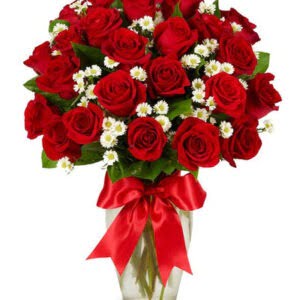 Red Roses With Asters Vase Dubai