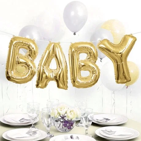 Gold 'Baby' Letter Balloons & 10 Helium Balloons