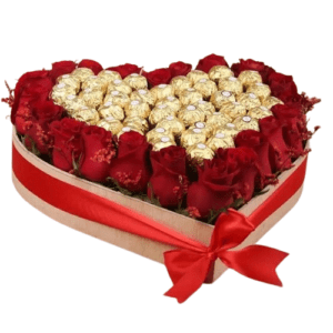 Red Roses N Ferrero In Heart Shape Wooden Box