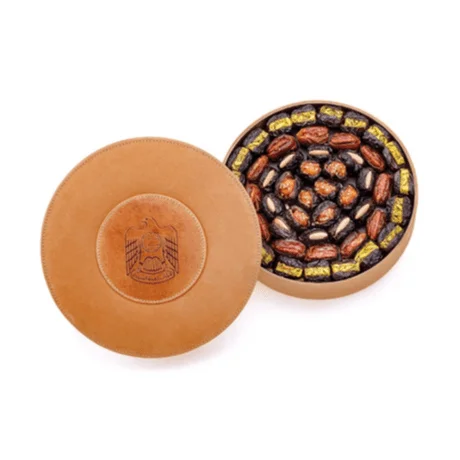 Emarati Dates in Round Camel leather Box