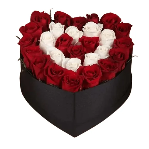 White N Red Roses in Black Heart Shape Box