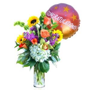 Mixed Sunflower With Congratulation Balloon